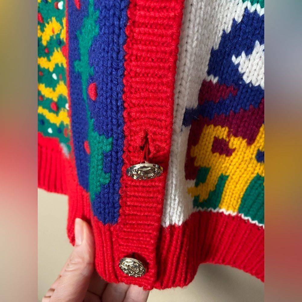 KAREN SCOTT vintage 90s knit Christmas cardigan holiday sweater cute granny L - Picture 2 of 16